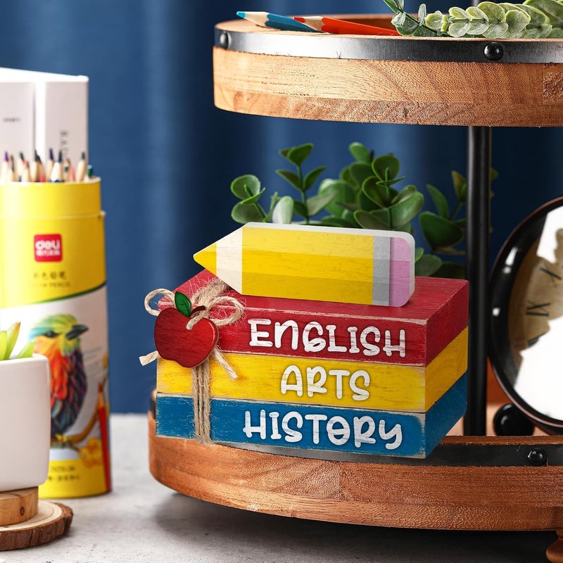 Anglechic 4 Pcs Back to School Table Decorations First Day of School Tiered Tray Decorations Decorative Mini Wooden Books Subject Signs for Office Shelf Classroom Tabletop Bookshelf(Pencil) - Image 4